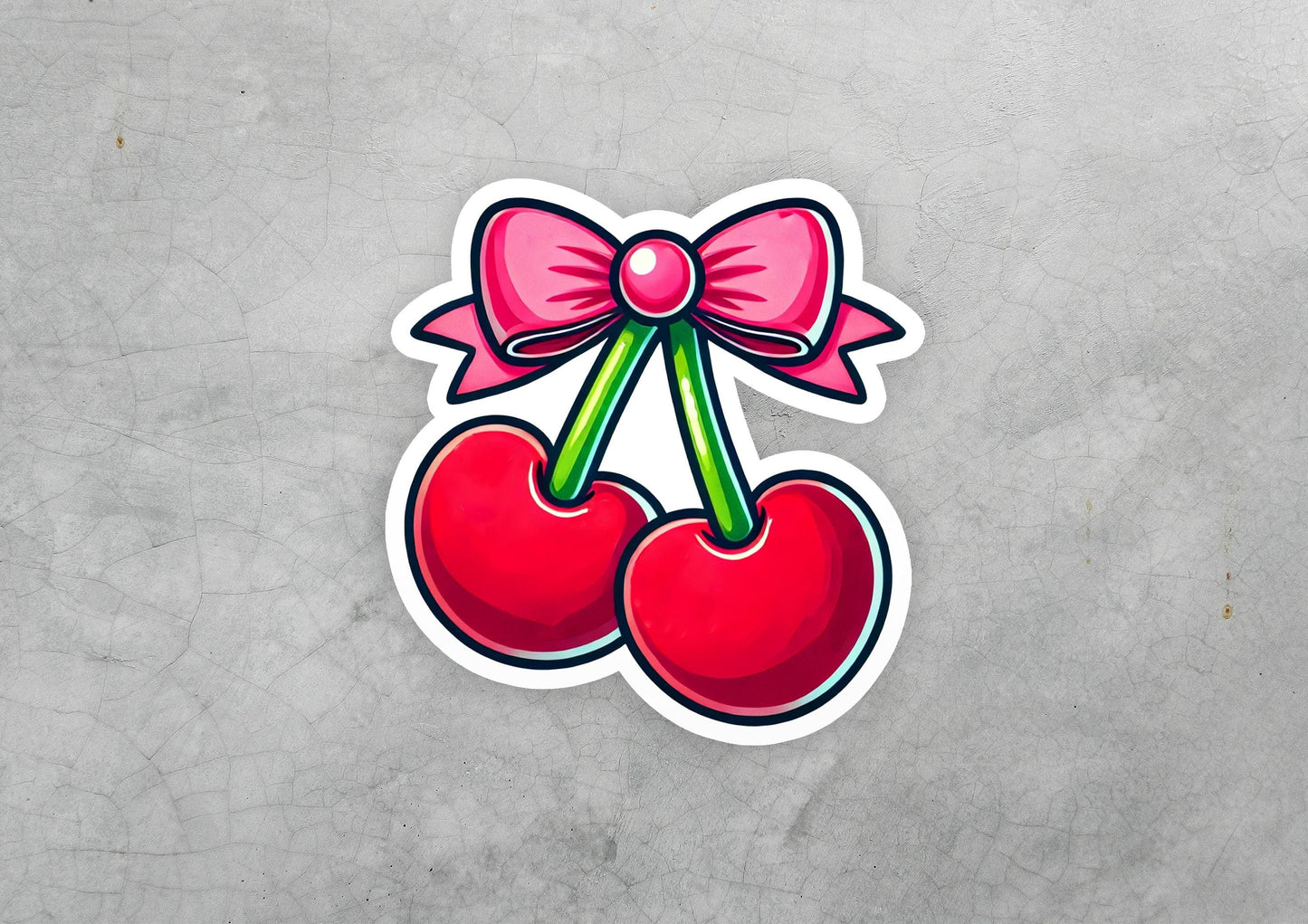 a sticker of two cherries with a bow
