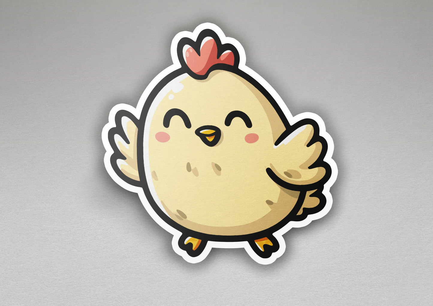 a sticker of a chicken with a bow on its head