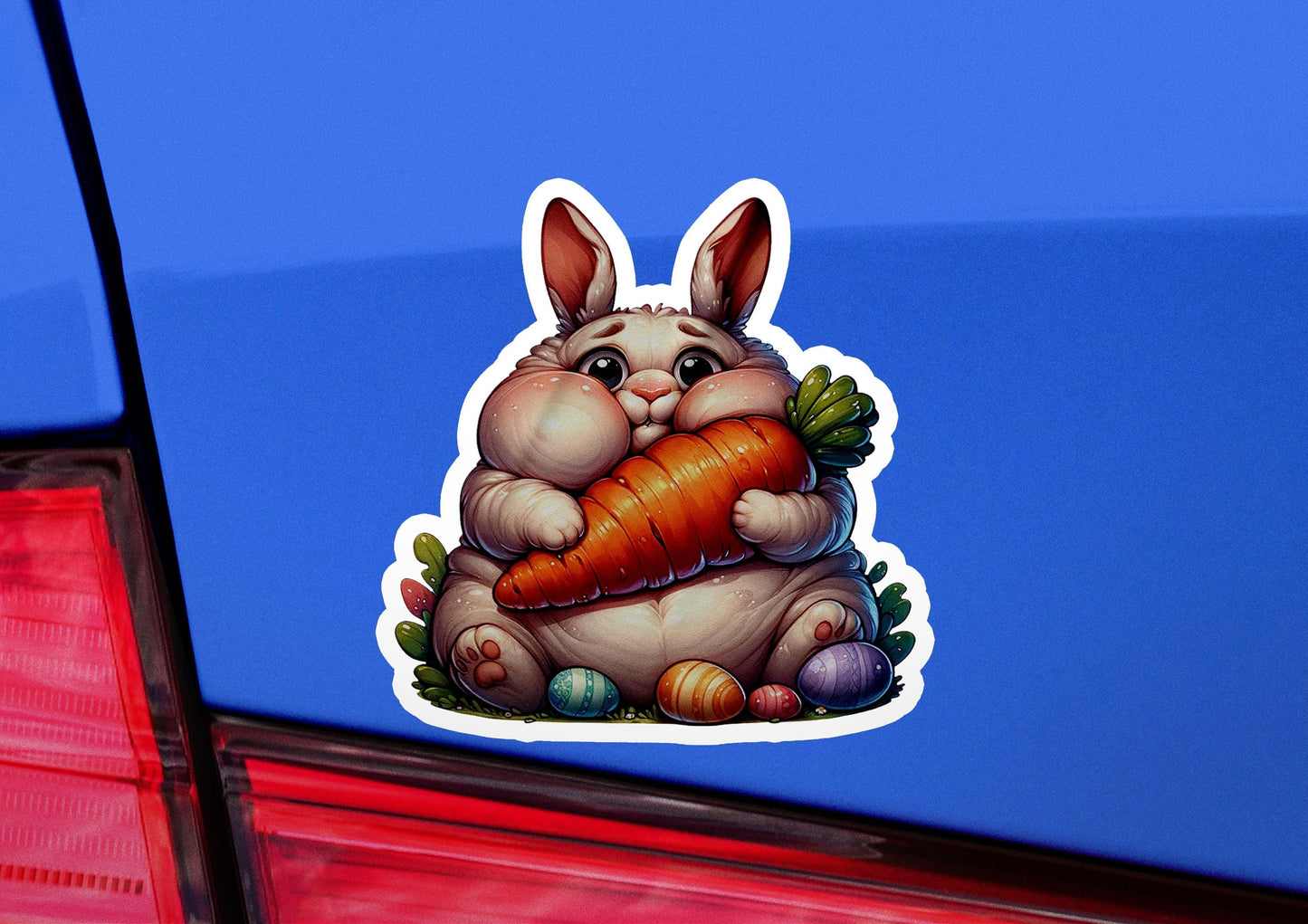 a sticker of a rabbit holding a carrot