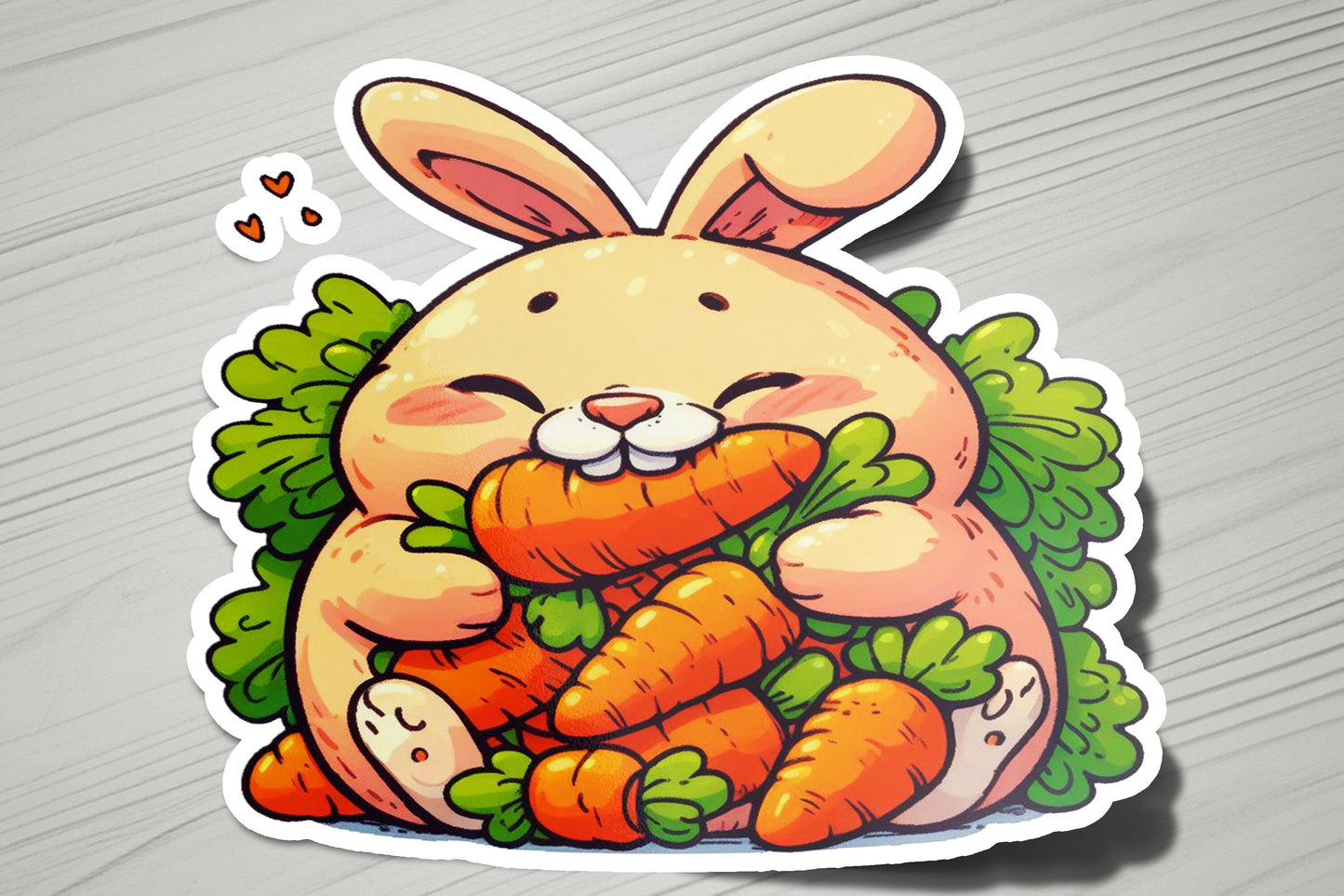 a sticker of a rabbit holding a bunch of carrots