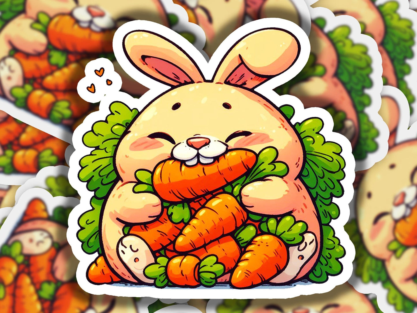 a sticker of a rabbit holding a bunch of carrots