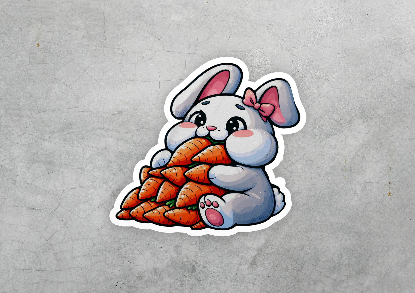 a sticker of a rabbit holding a pile of carrots