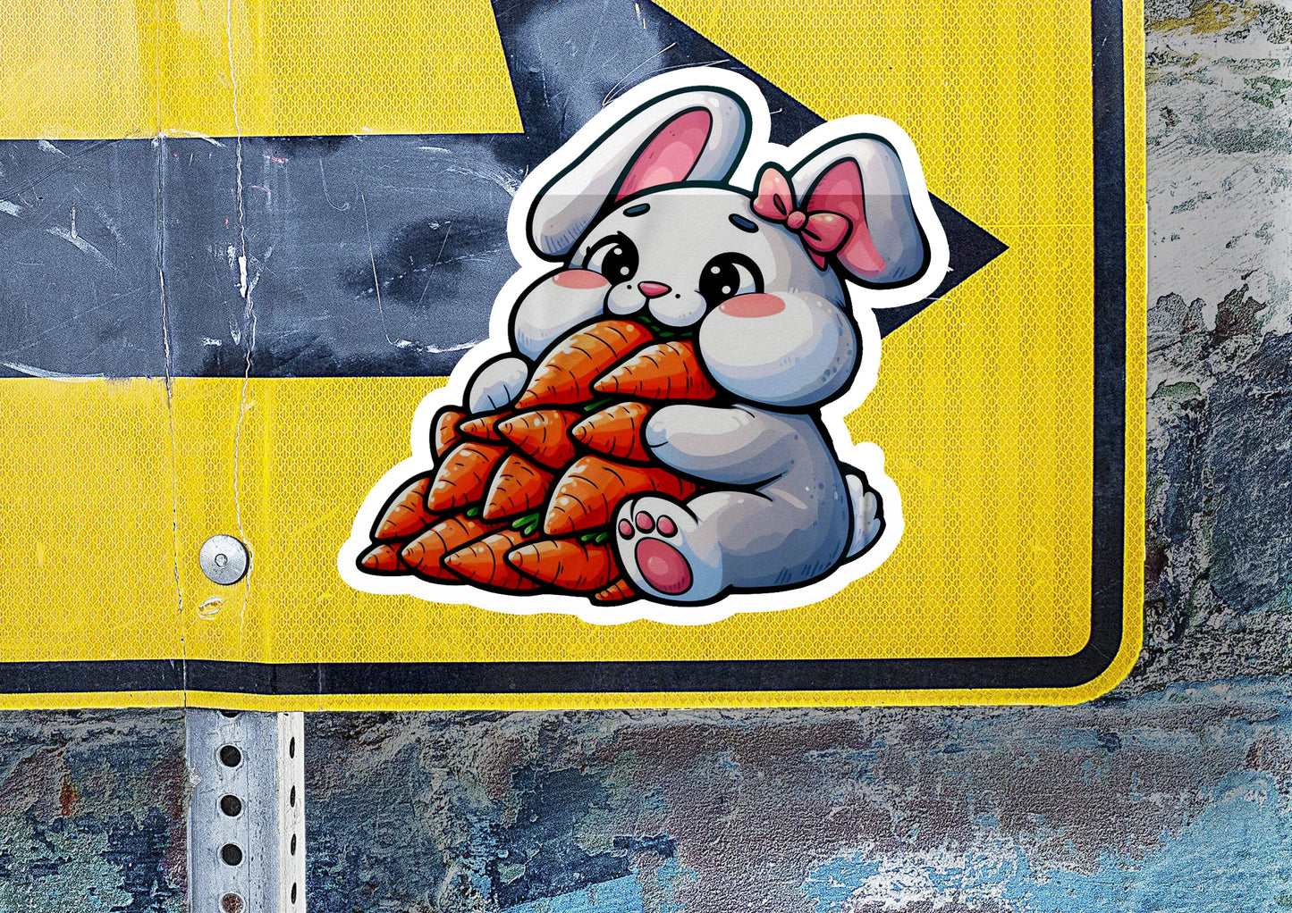a sticker of a rabbit holding carrots