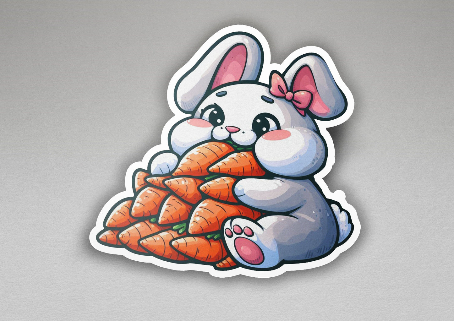 a sticker of a bunny holding a pile of carrots