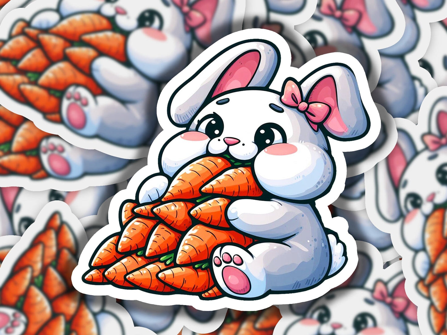 a sticker of a bunny holding a pile of carrots
