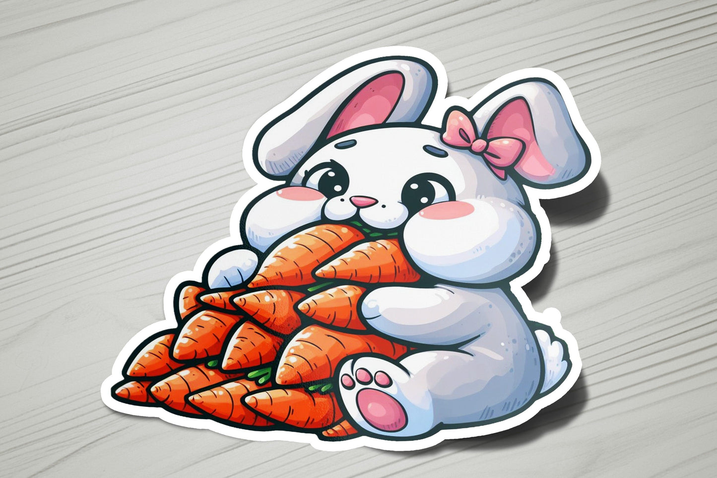 a sticker of a rabbit holding a pile of carrots