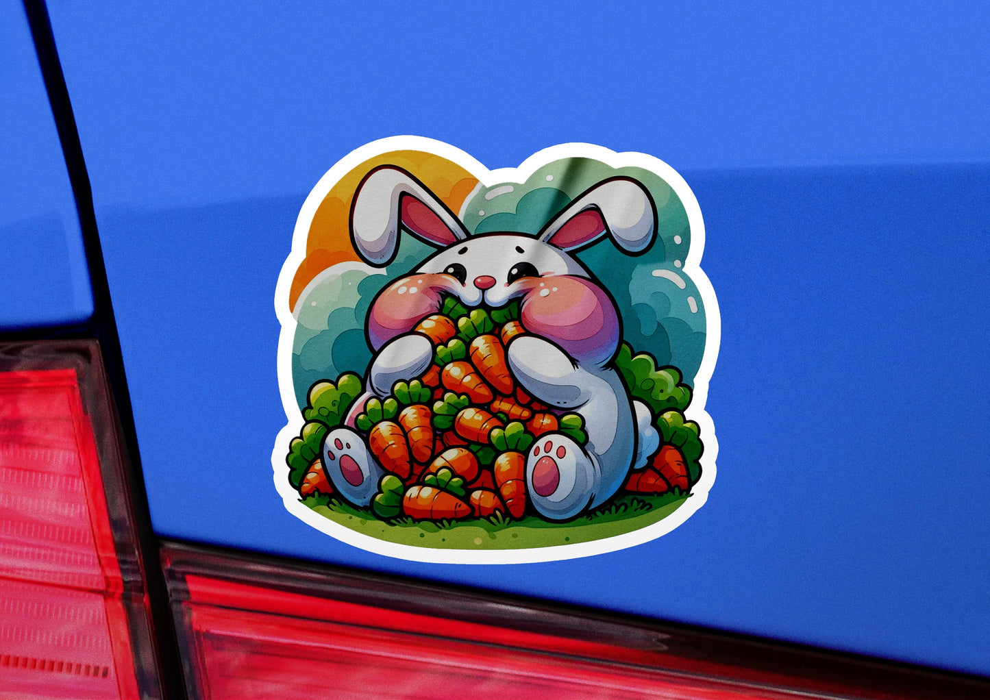 a sticker of a bunny eating carrots on the back of a car