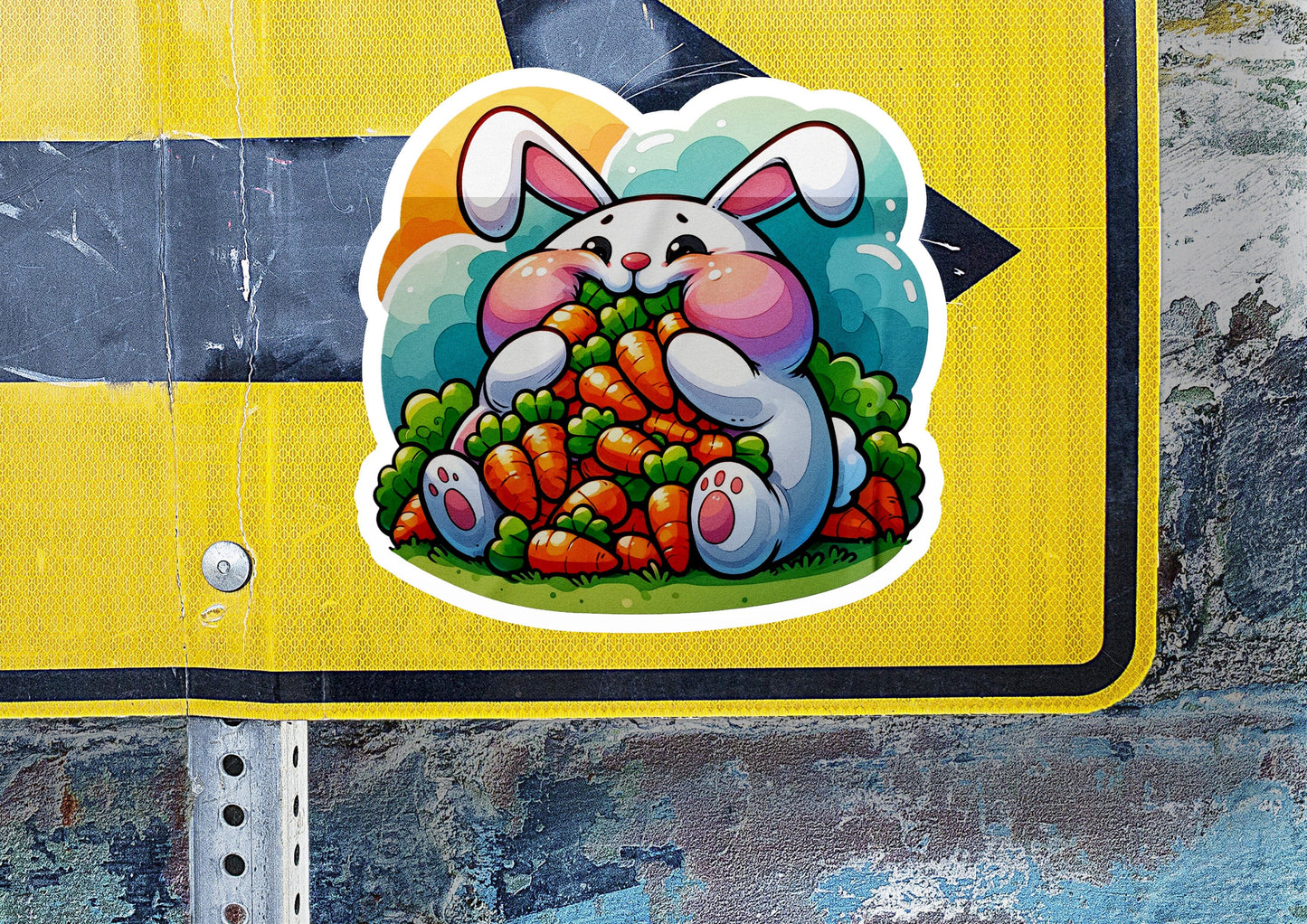 a sticker of a bunny with carrots on it