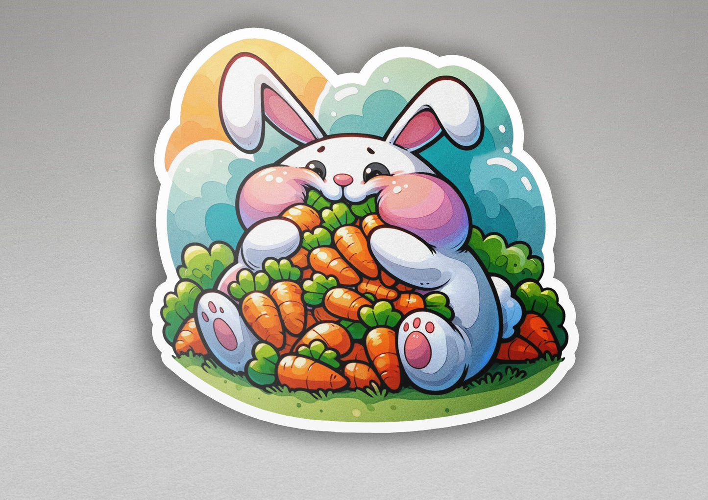 a sticker of a bunny eating a pile of carrots
