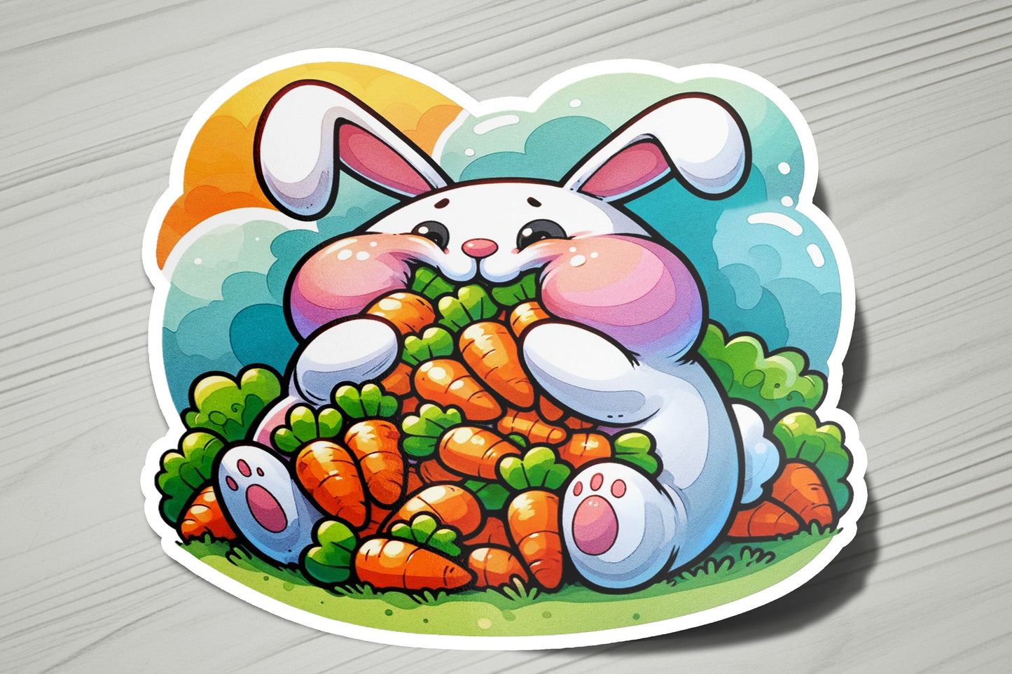 a sticker of a rabbit with carrots