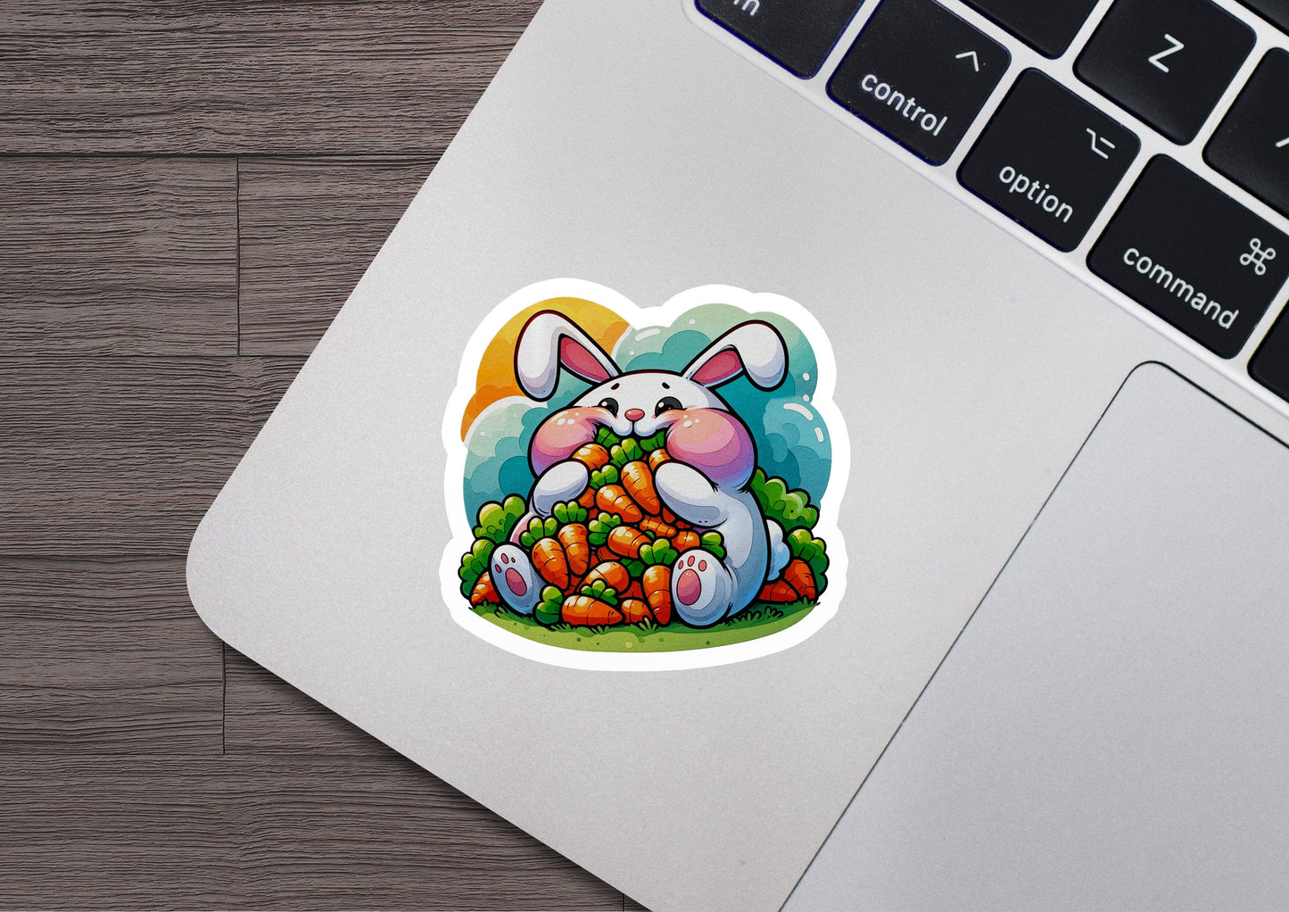 a laptop with a sticker of a bunny eating carrots