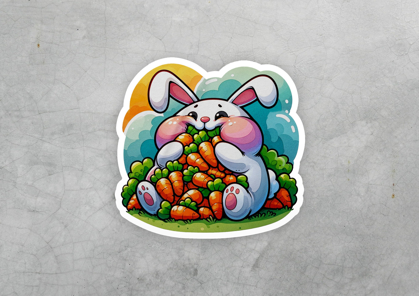 a sticker of a bunny eating carrots