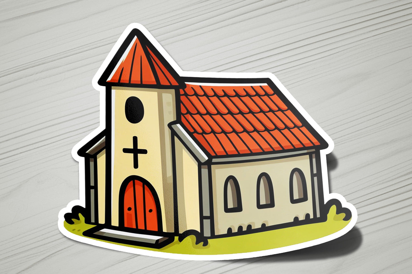 a sticker of a church with a cross on it