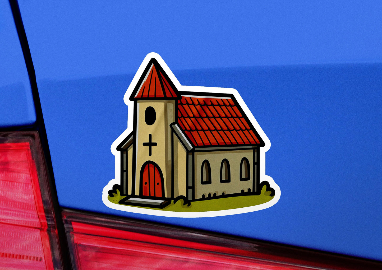 a sticker of a church on the back of a car