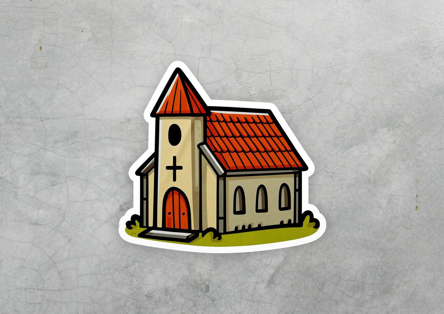 a sticker of a church with a red roof
