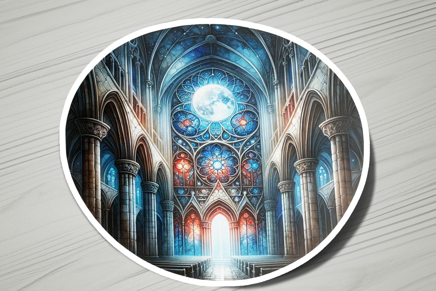a painting of a cathedral with a light at the end