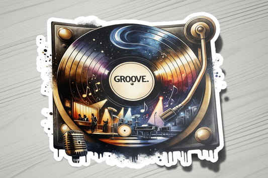 a sticker with a picture of a record player