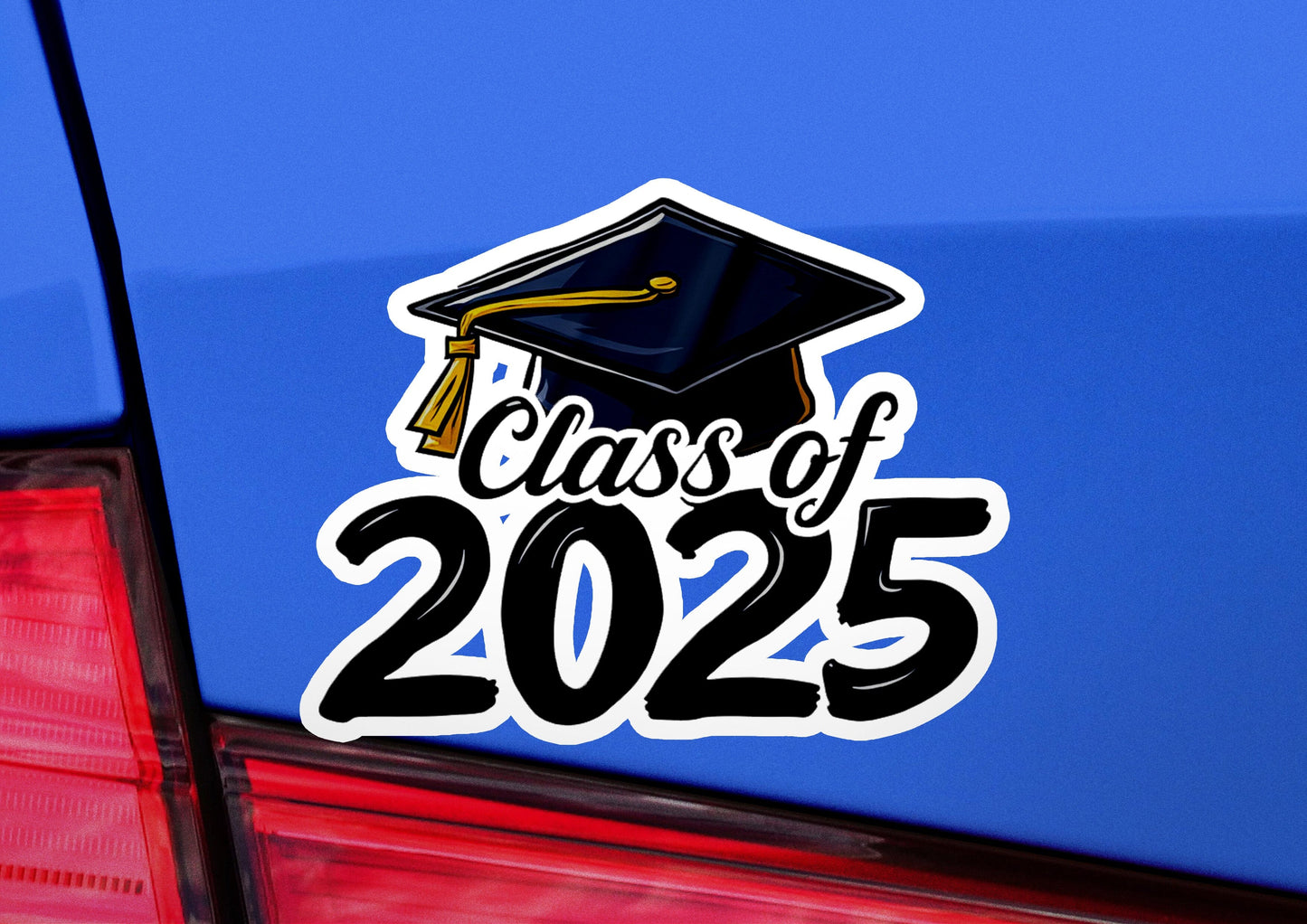 a blue car with a sticker that says class of 205