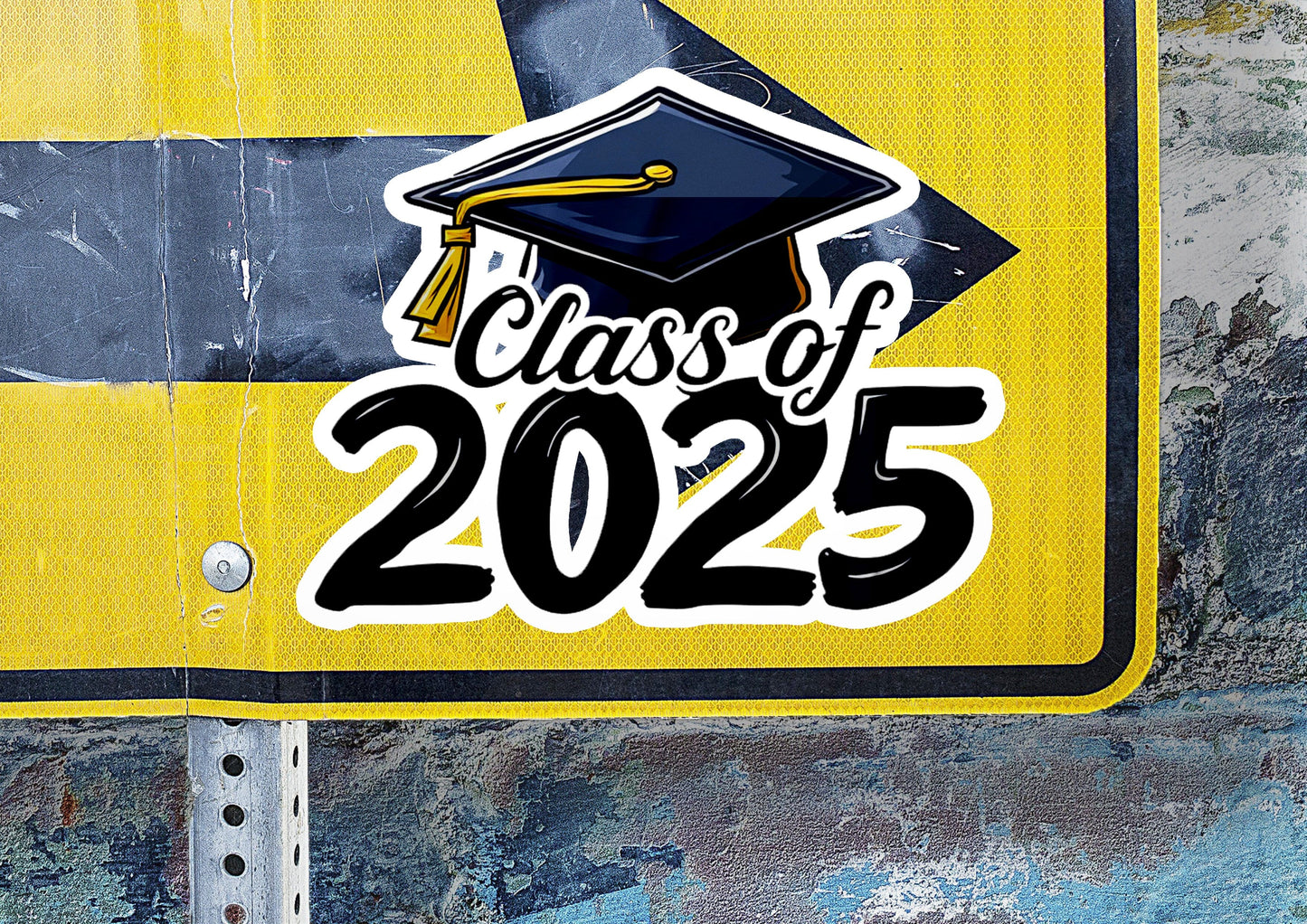 a yellow and black sign with a graduation cap on it