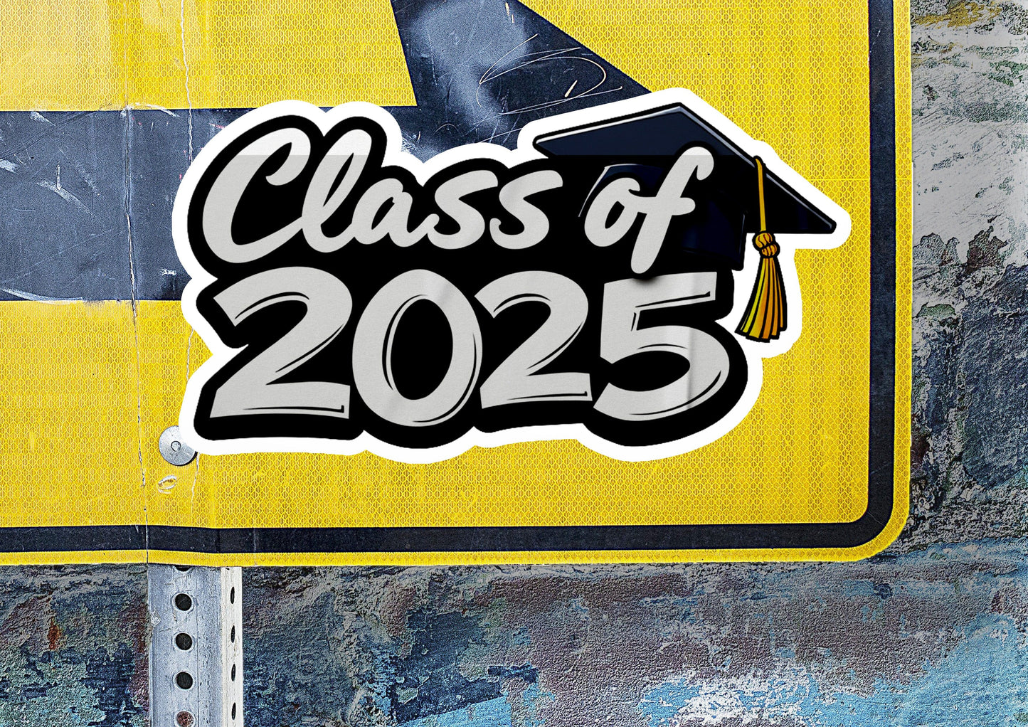 a yellow sign with a graduation cap on it