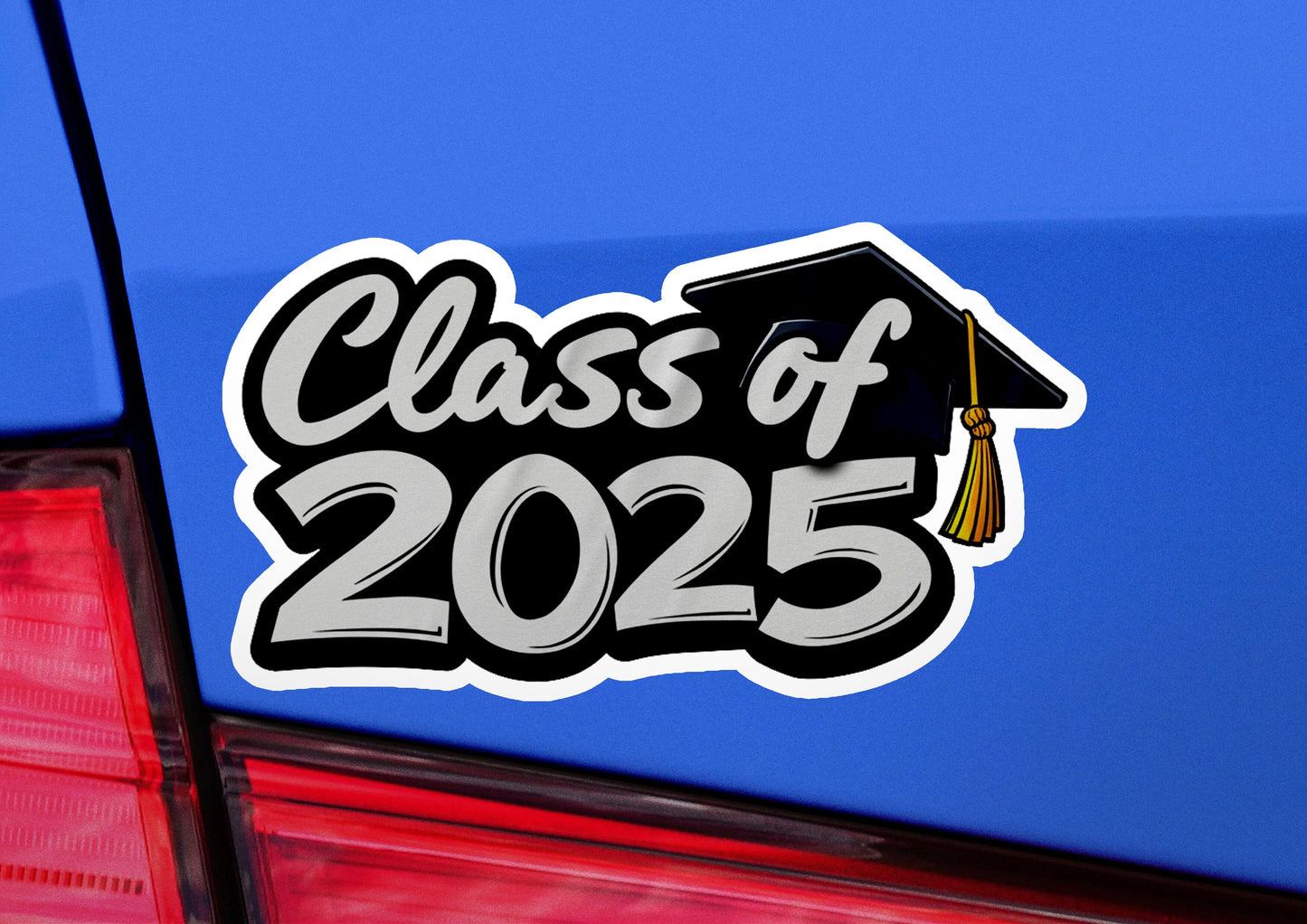 a blue car with a sticker that says class of 205