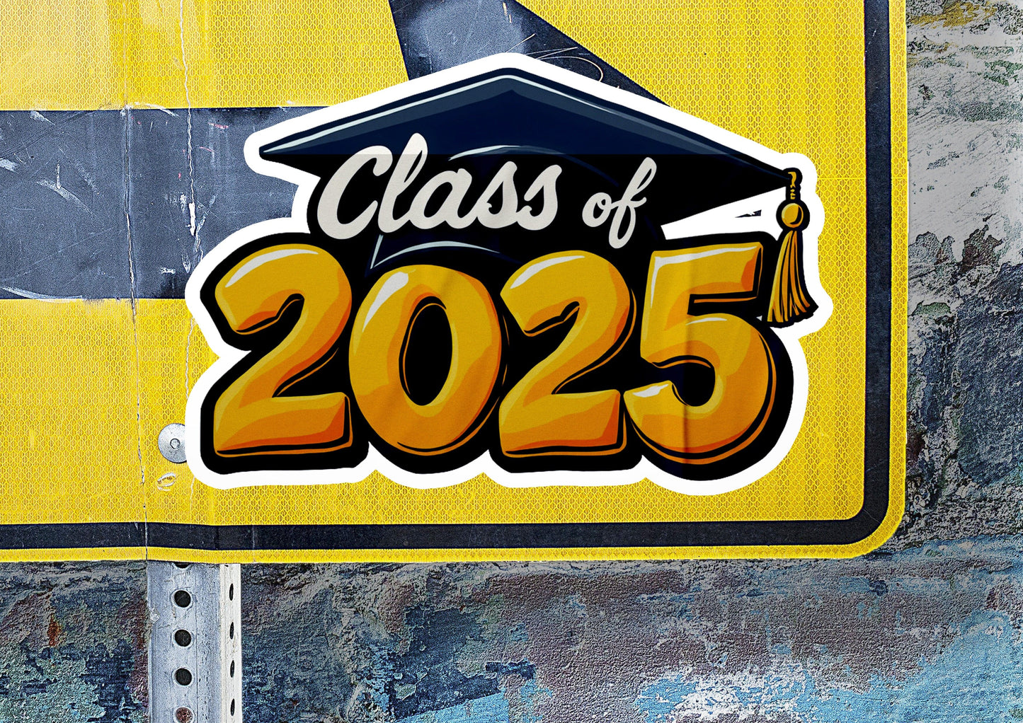 a yellow sign with a graduation cap on it