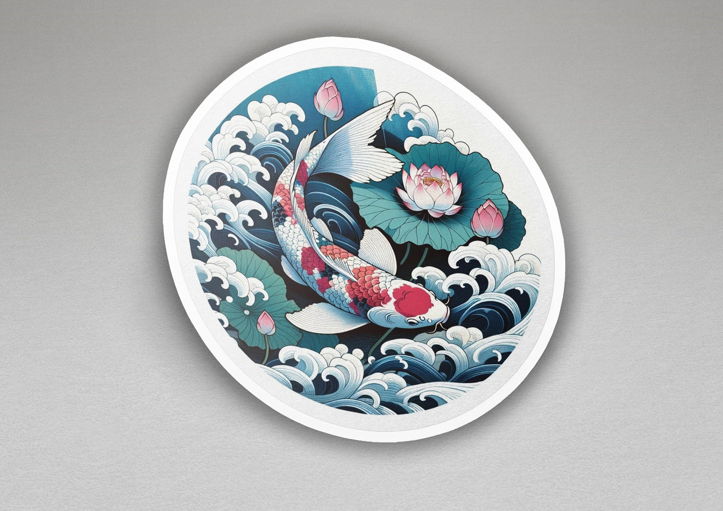 a white plate with a painting of a koi fish on it