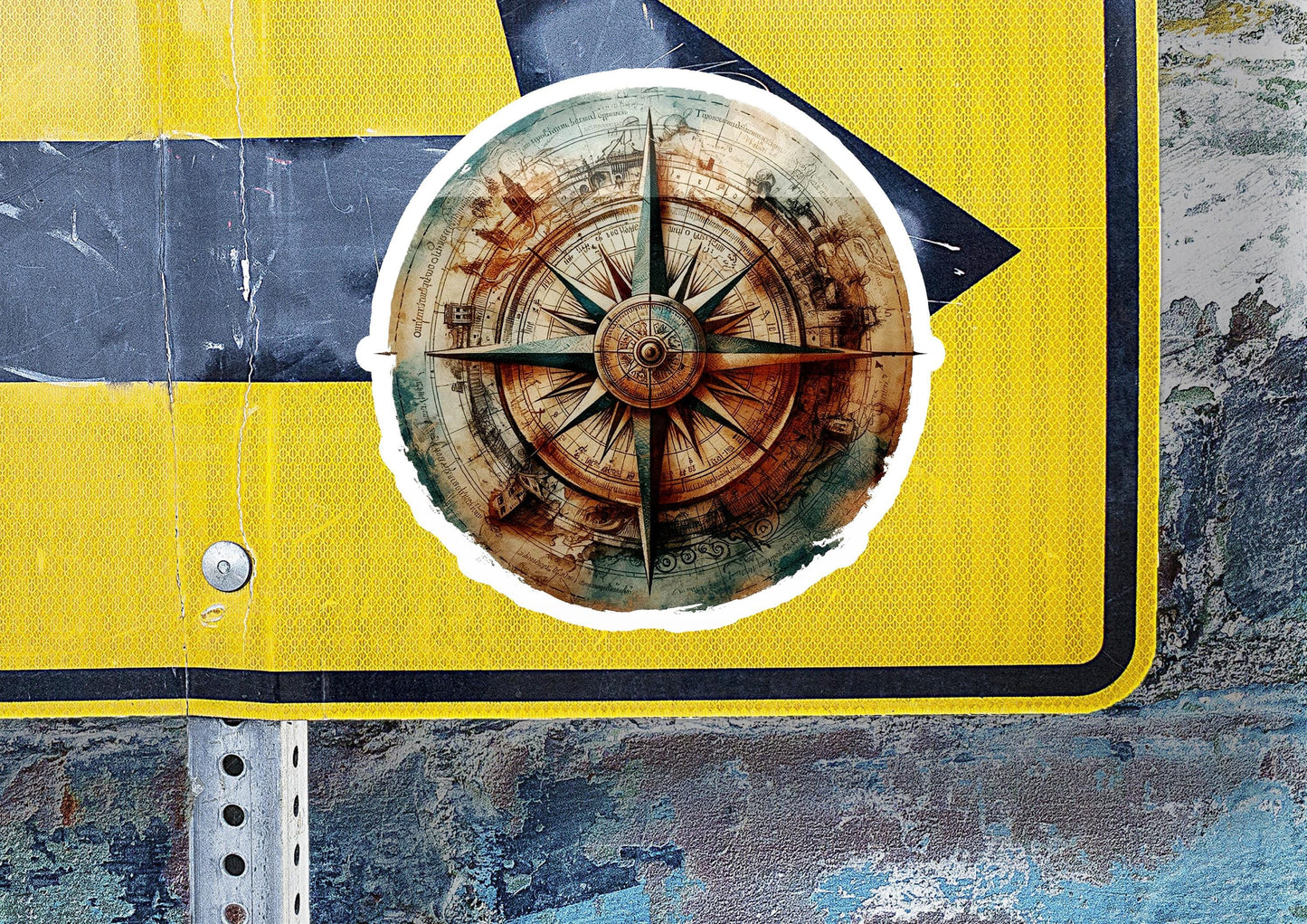 a close up of a street sign with a compass