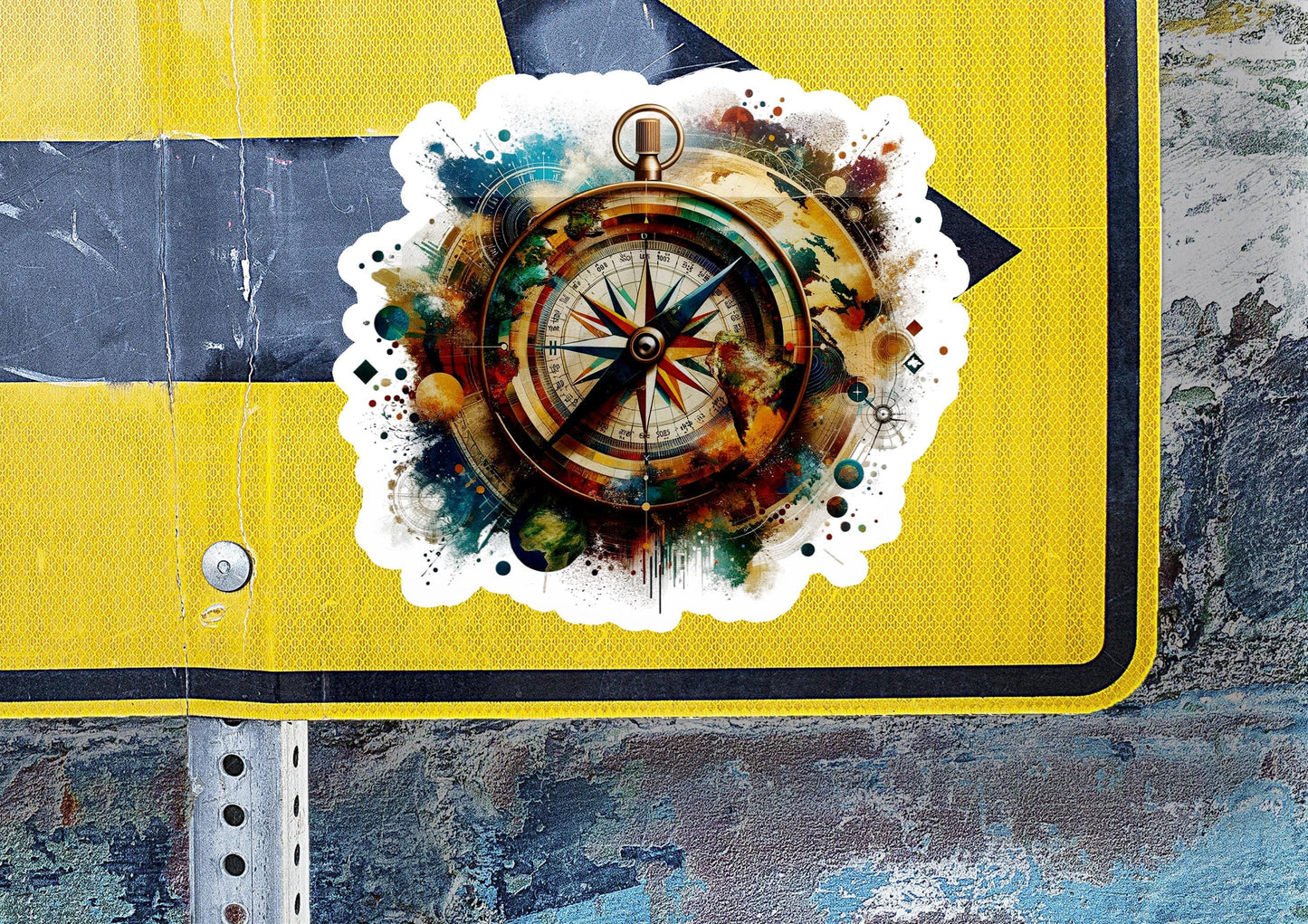 a yellow sign with a compass on it