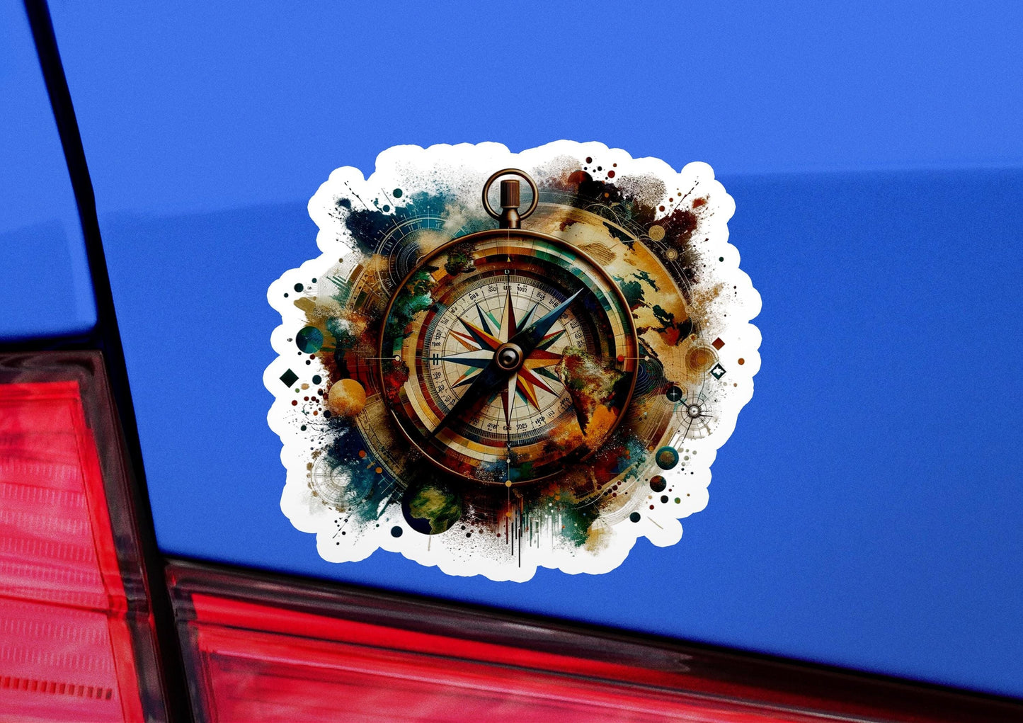 a sticker of a compass on the back of a car