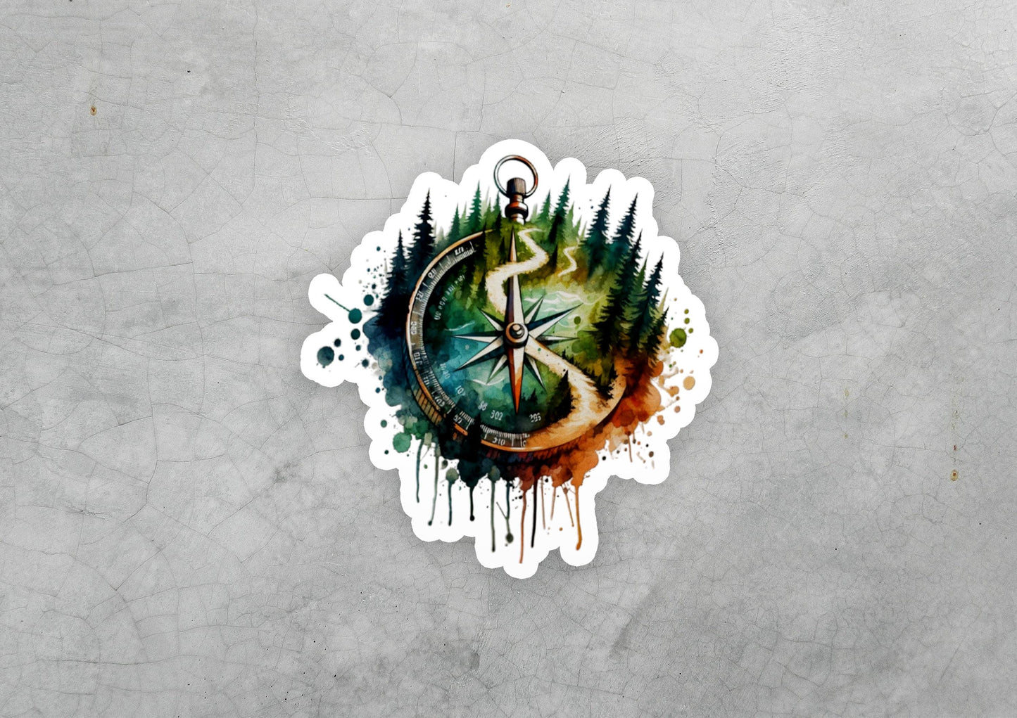 a sticker with a compass and trees on it