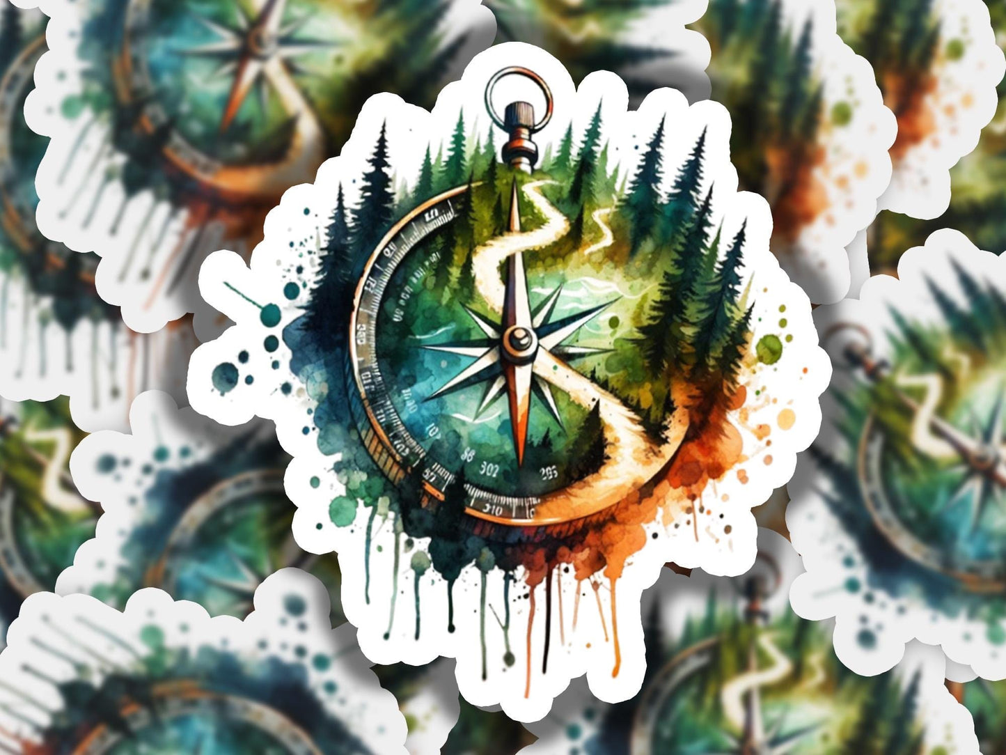 a watercolor painting of a compass and trees