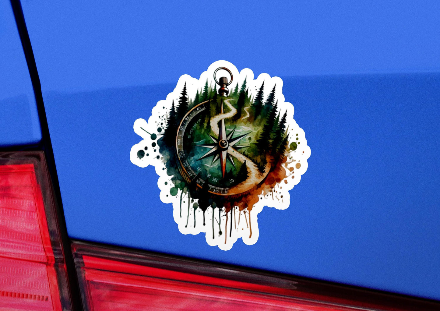 a car with a sticker of a compass on it