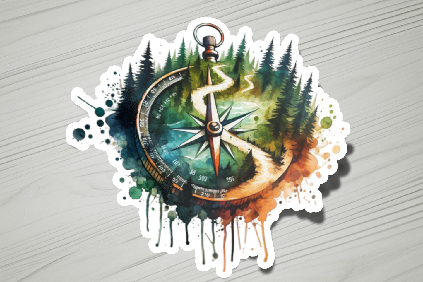 a sticker with a compass and trees on it