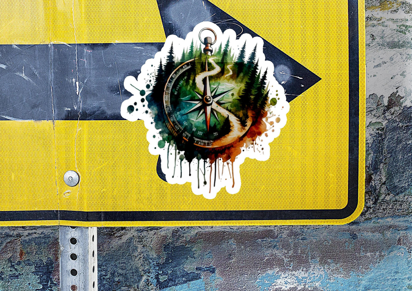 a yellow and black sign with a compass on it