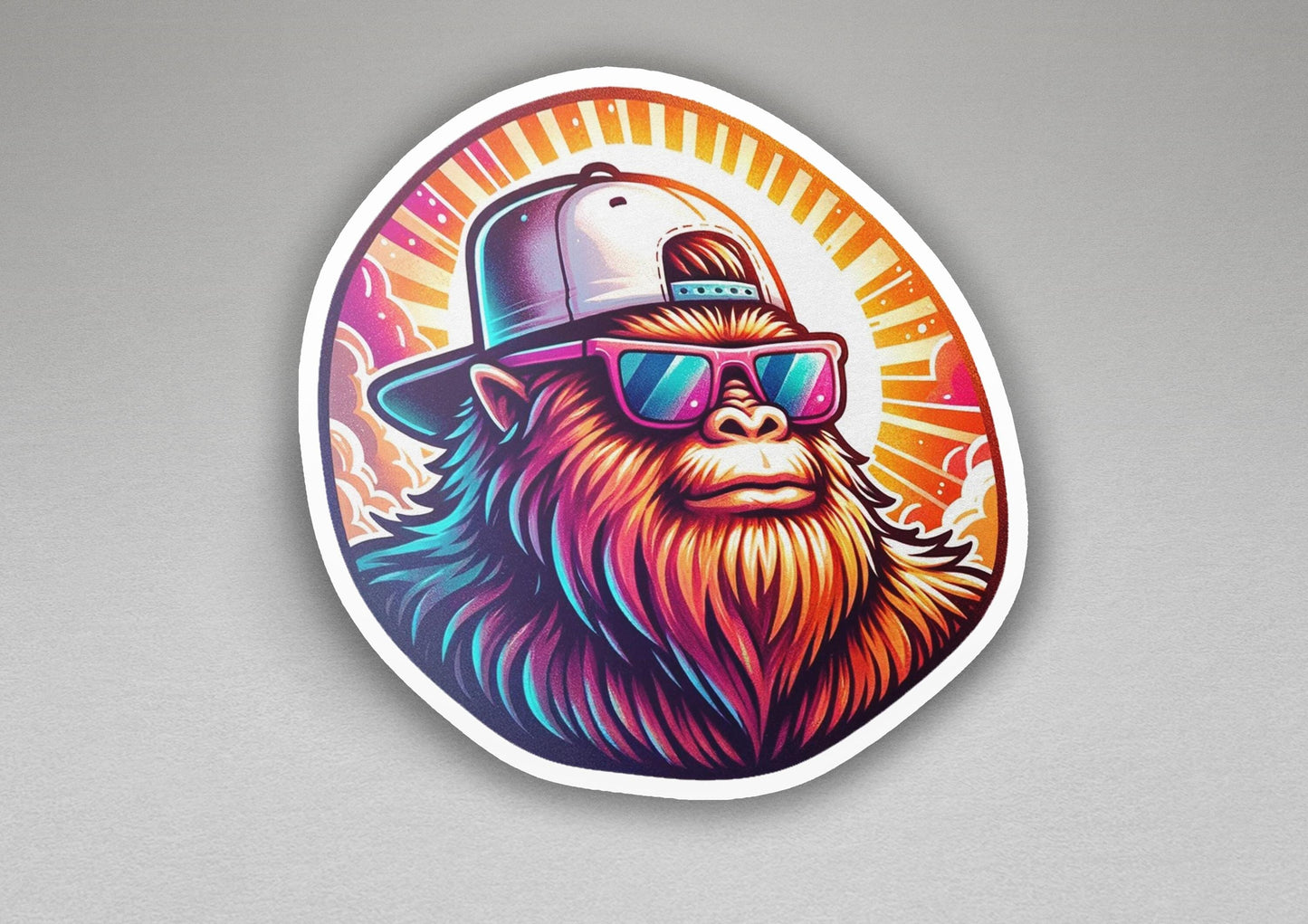 a sticker with a picture of a gorilla wearing a hat and sunglasses