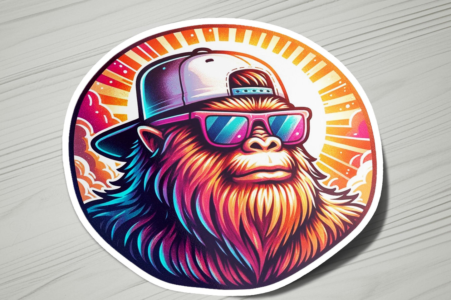 a sticker with a monkey wearing a hat and sunglasses