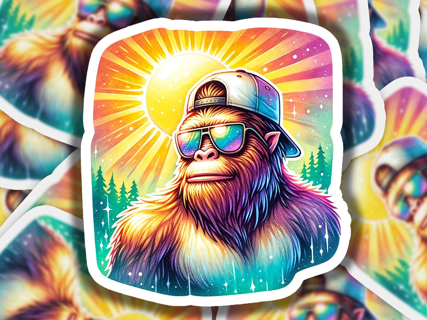 a sticker of a monkey wearing a hat and sunglasses