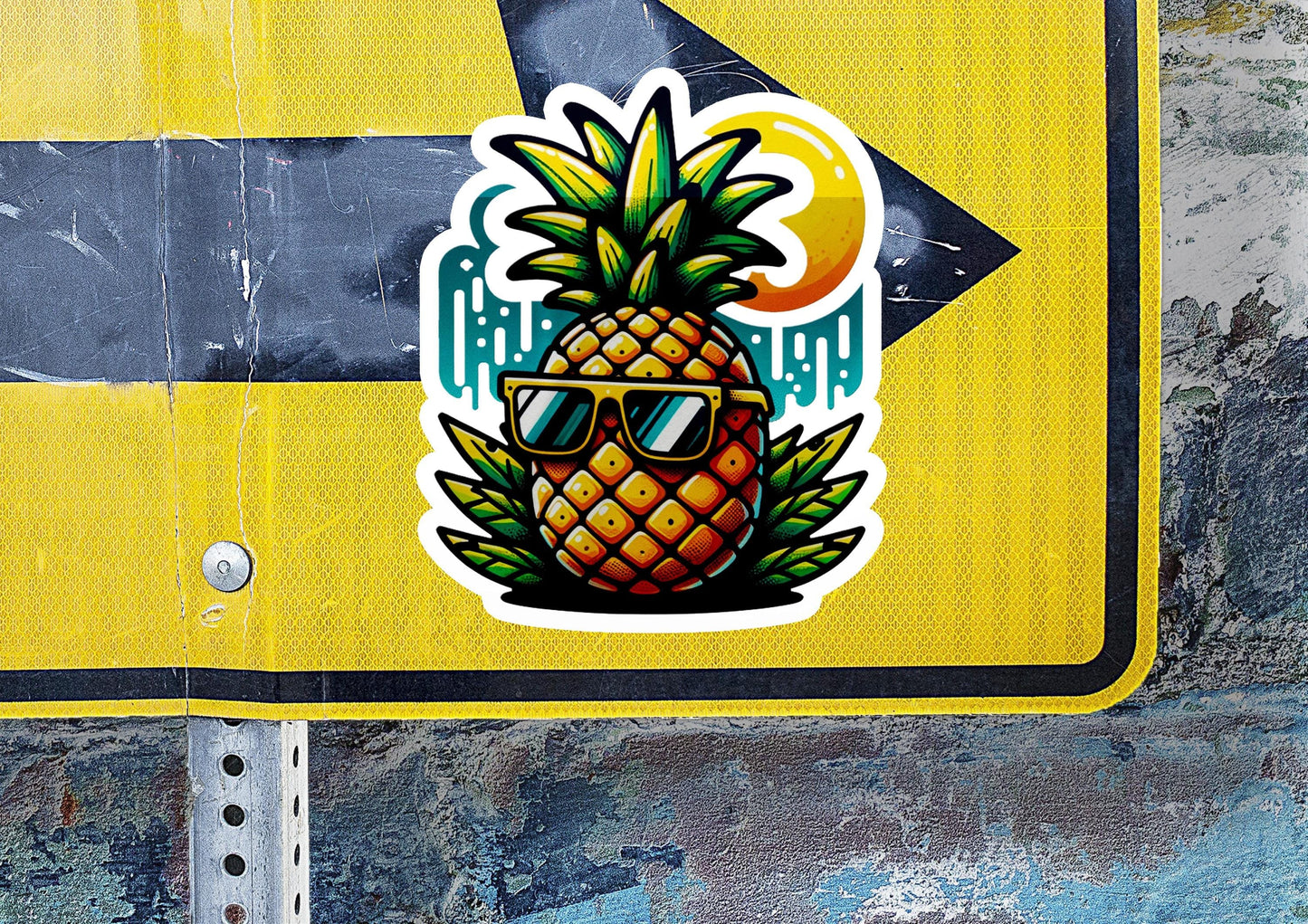 a yellow street sign with a pineapple sticker on it