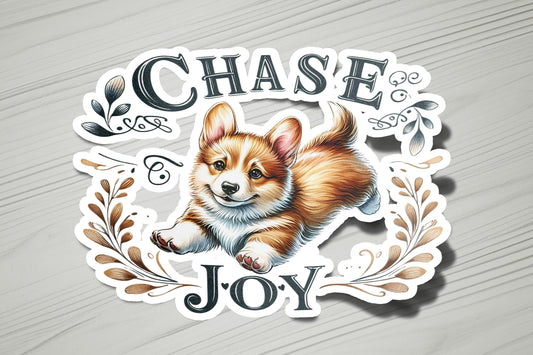 a sticker with a dog on it that says chase joy