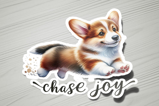 a sticker of a dog with the words chase joy