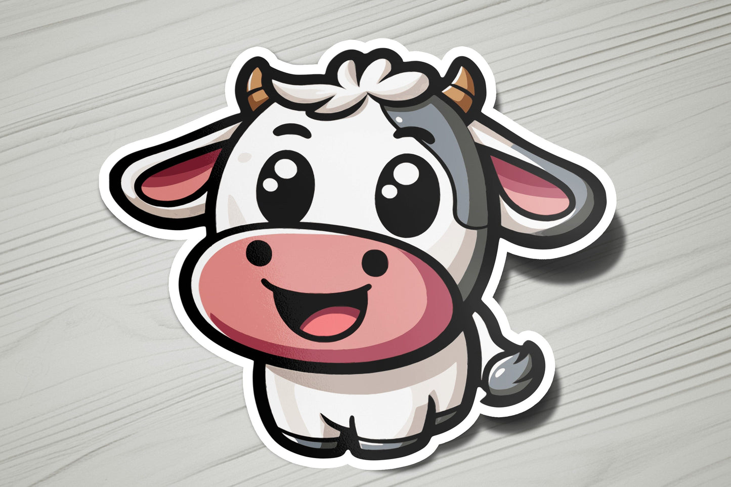 a sticker of a cow with a bow on its head