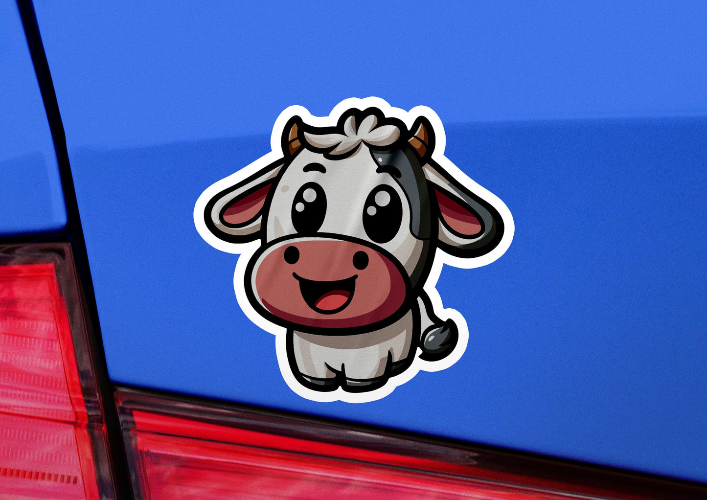 a sticker of a cow on the back of a car