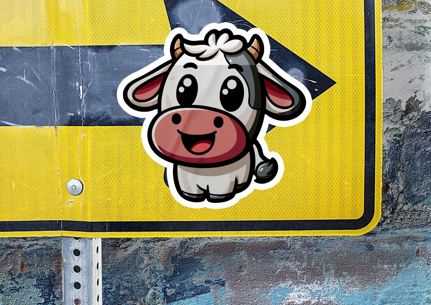 a close up of a street sign with a cow on it