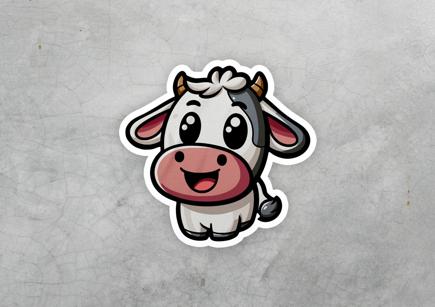 a sticker of a cow with a bow on its head
