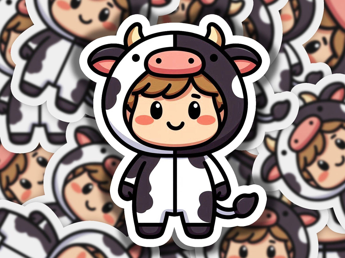 a sticker of a cow surrounded by other stickers