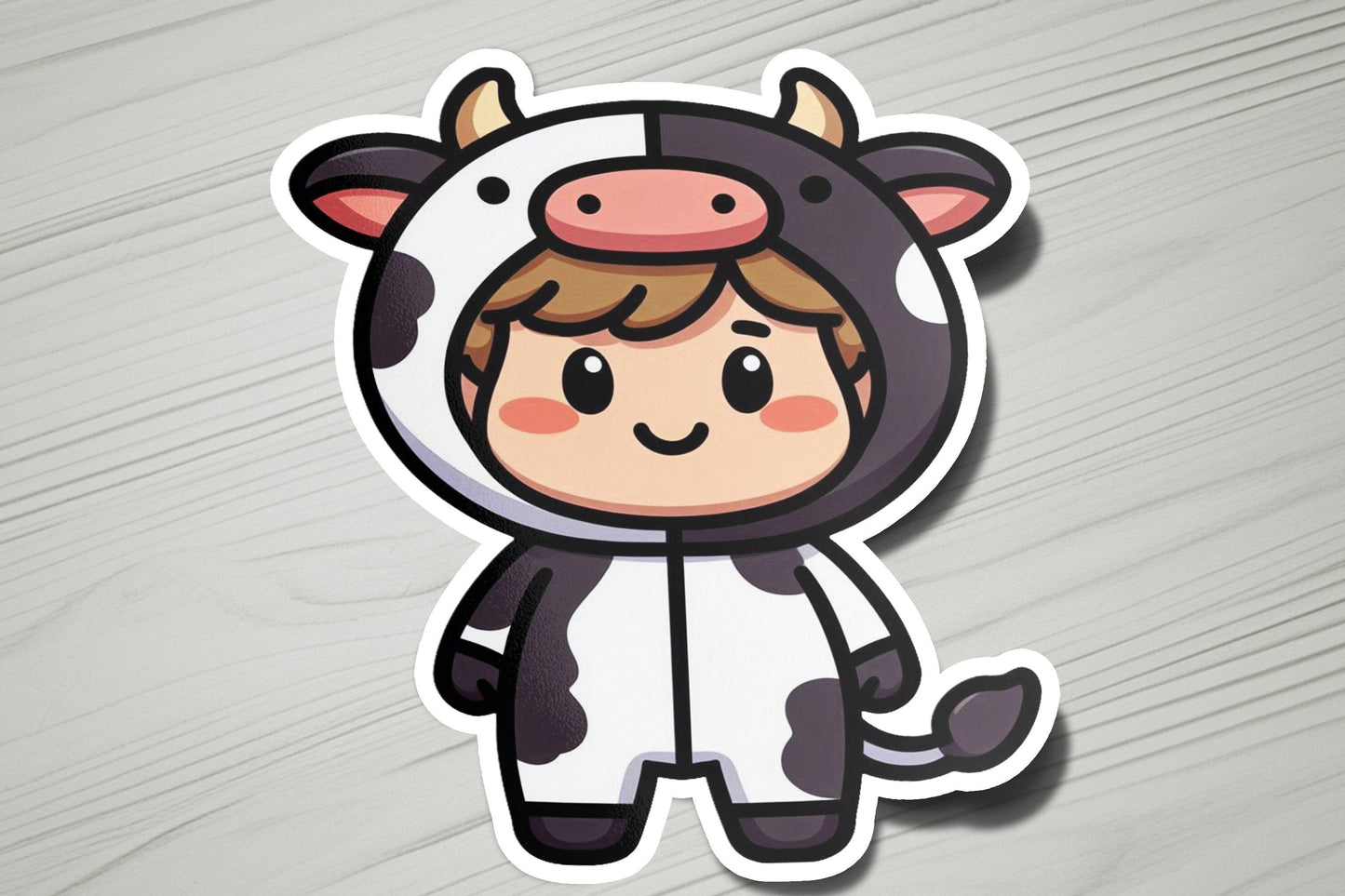 a sticker of a cow wearing a cow costume