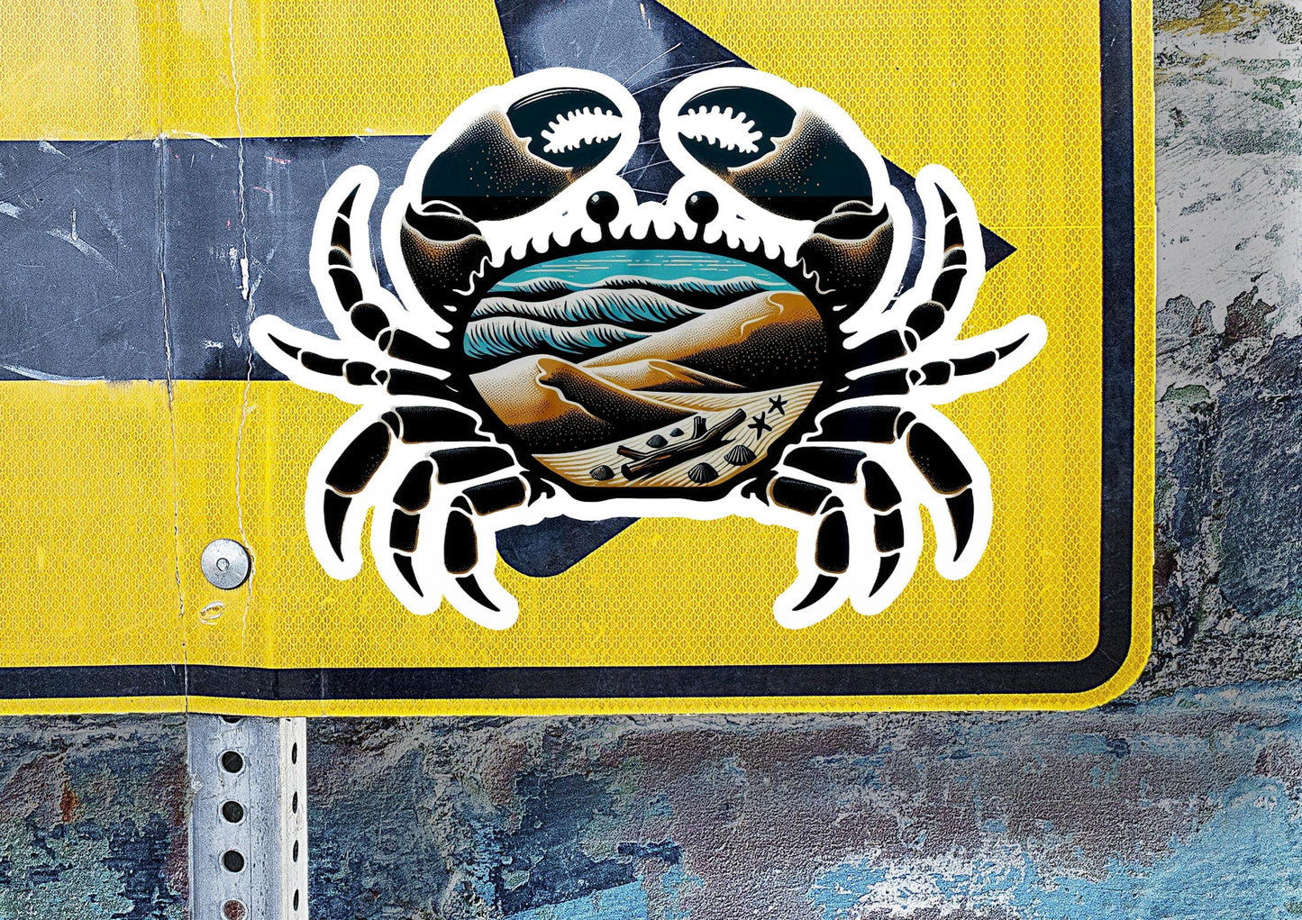 a yellow sign with a picture of a crab on it
