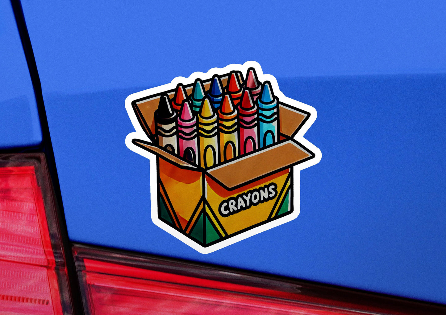 a box of crayons sticker on the back of a car