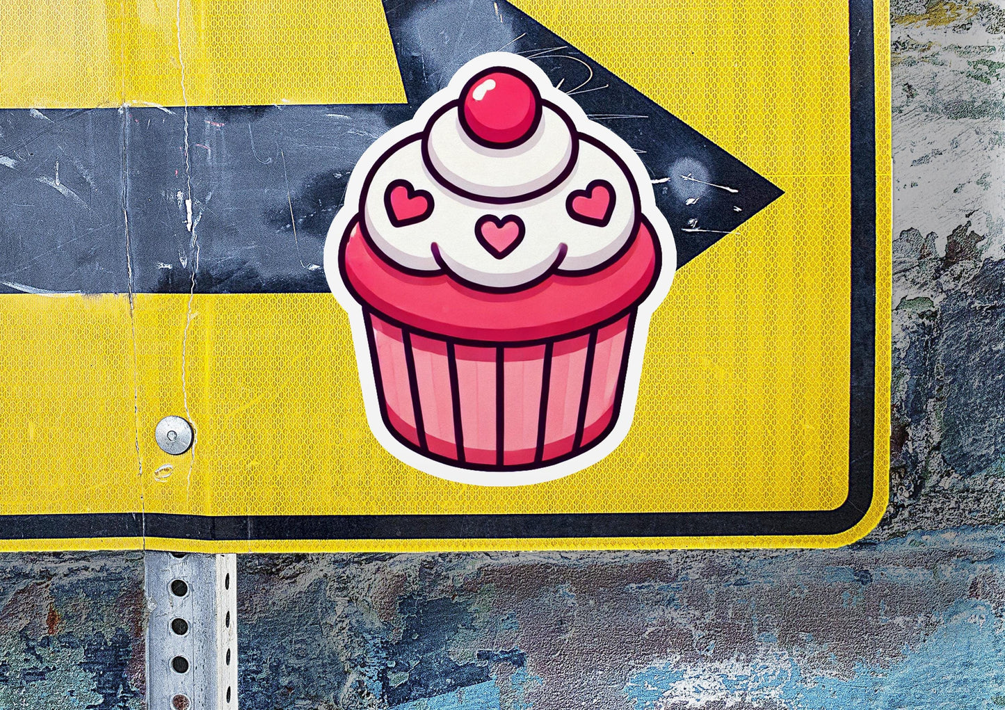 a street sign with a cupcake sticker on it